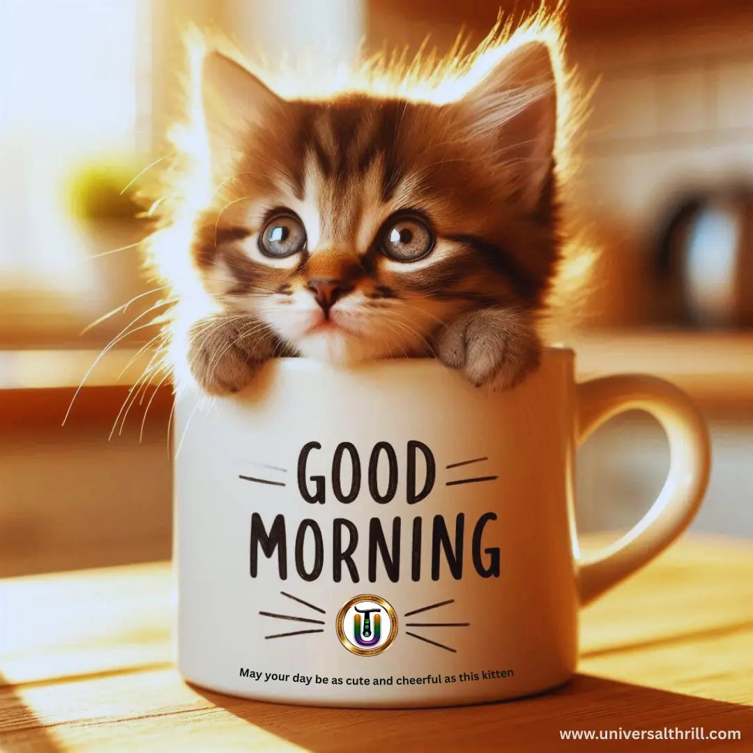 May your day be as cute and cheerful as this kitten! best good morning status at universal thrill for whatsapp, facebook, instagram, x, twitter itc.