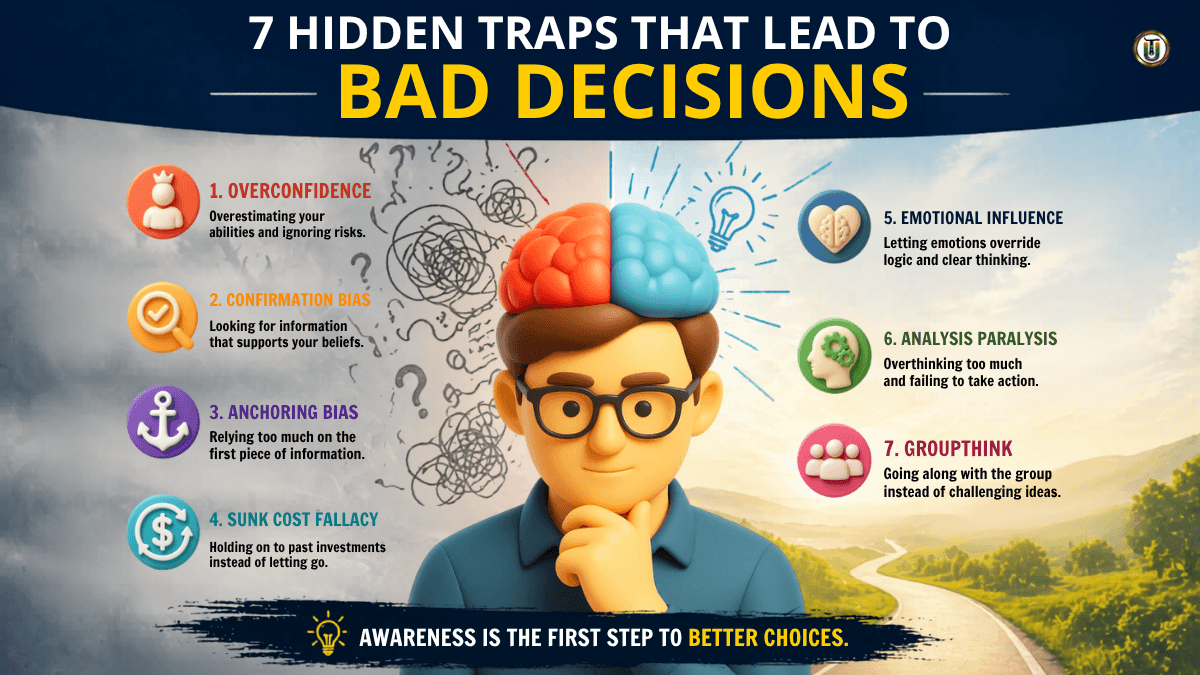 Infographic showing seven cognitive biases that cause bad decisions, including overconfidence, confirmation bias, anchoring, sunk cost fallacy, emotional influence, analysis paralysis, and groupthink.
Why Smart People Make Bad Decisions: 7 Psychological Traps Explained. universal thrill