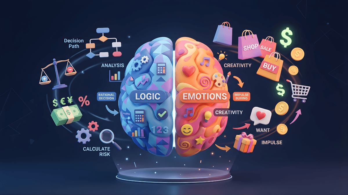 Behavioral economics concept showing emotional and logical decision-making in the human brain at universal thrill