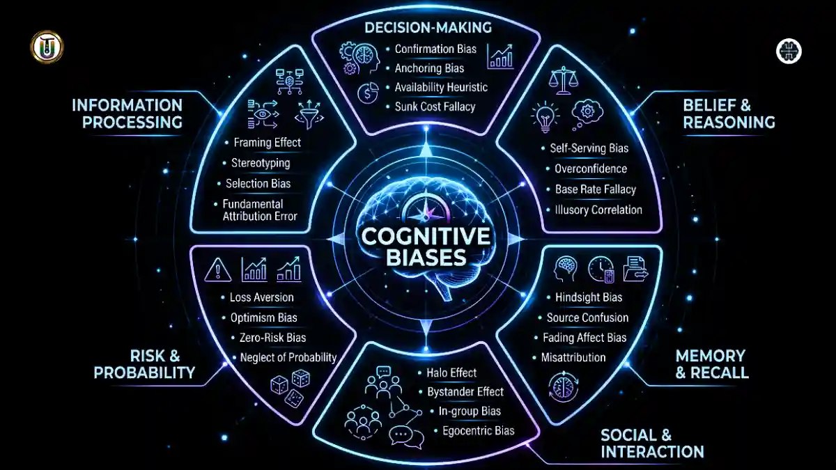 Cognitive biases infographic showing different types of biases including decision making, memory, social and risk biases in a structured layout