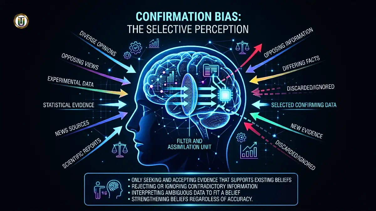 Confirmation bias concept showing selective information filtering inside the human brain