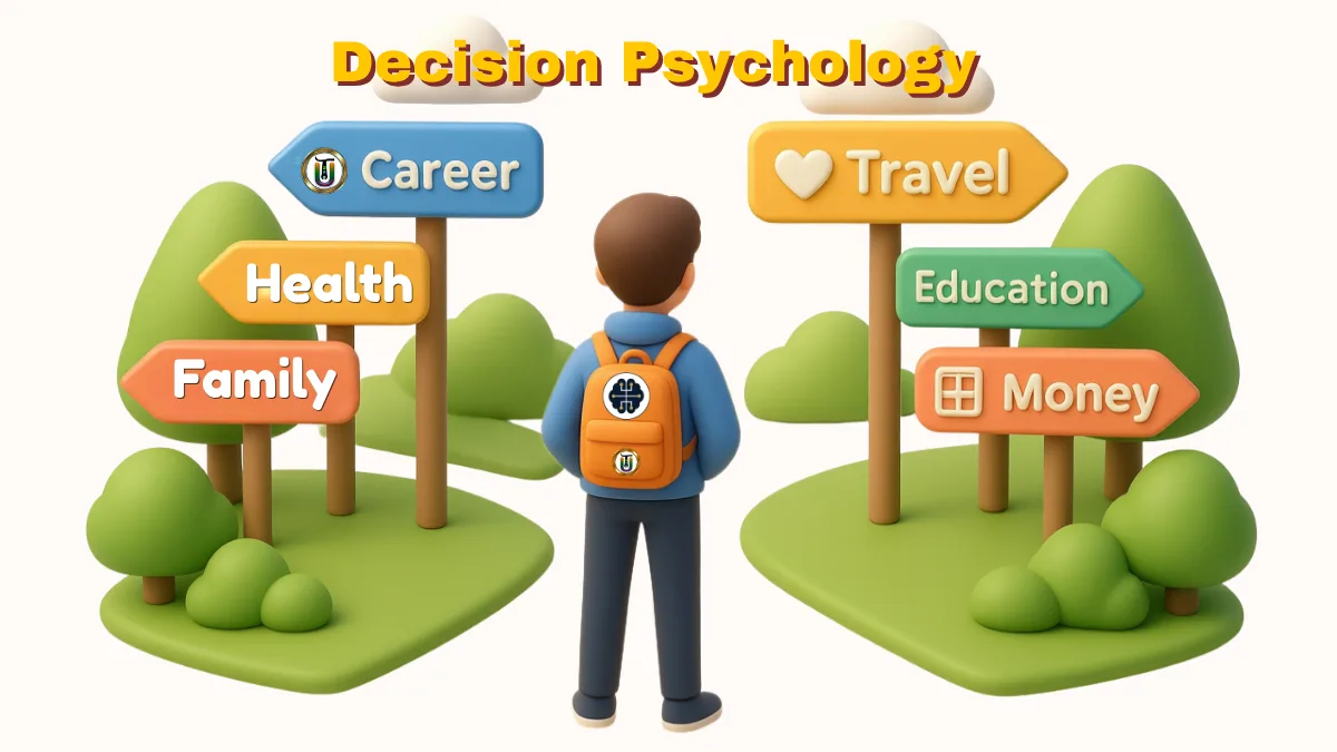 Featured image of Decision psychology. Illustration of a person choosing between multiple paths representing decisions. Universal thrill , mind codex.