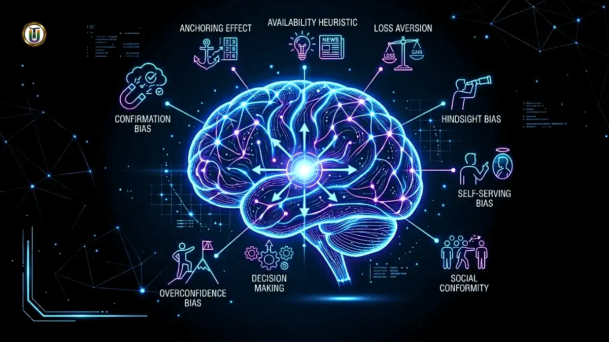 Human brain illustration representing thinking errors, decision making and cognitive biases in psychology