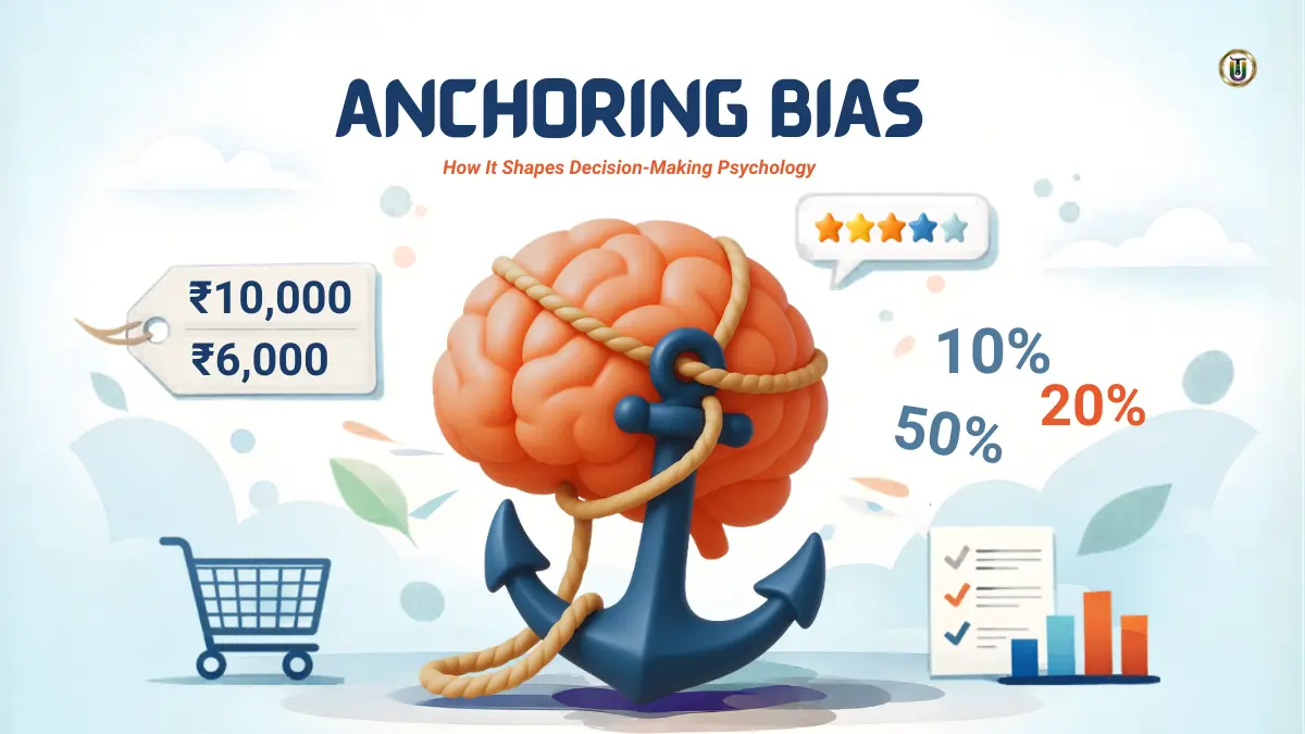 Illustration of anchoring bias showing a brain influenced by an anchor and numbers affecting decision making. universal thrill