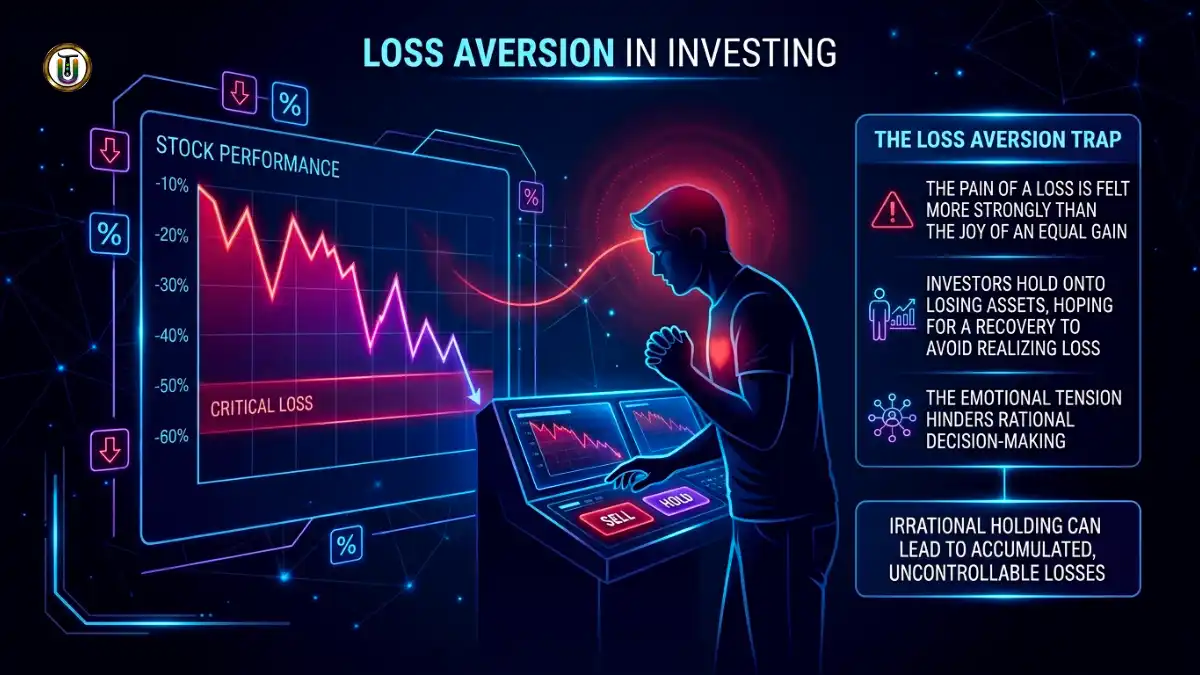Loss aversion illustration showing investor hesitation during a falling stock market and fear of losses