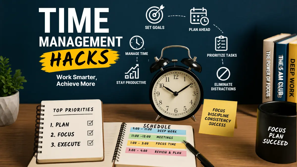 Workspace showing tools for effective time management and productivity planning. Featured image of Time management hacks in universal thrill