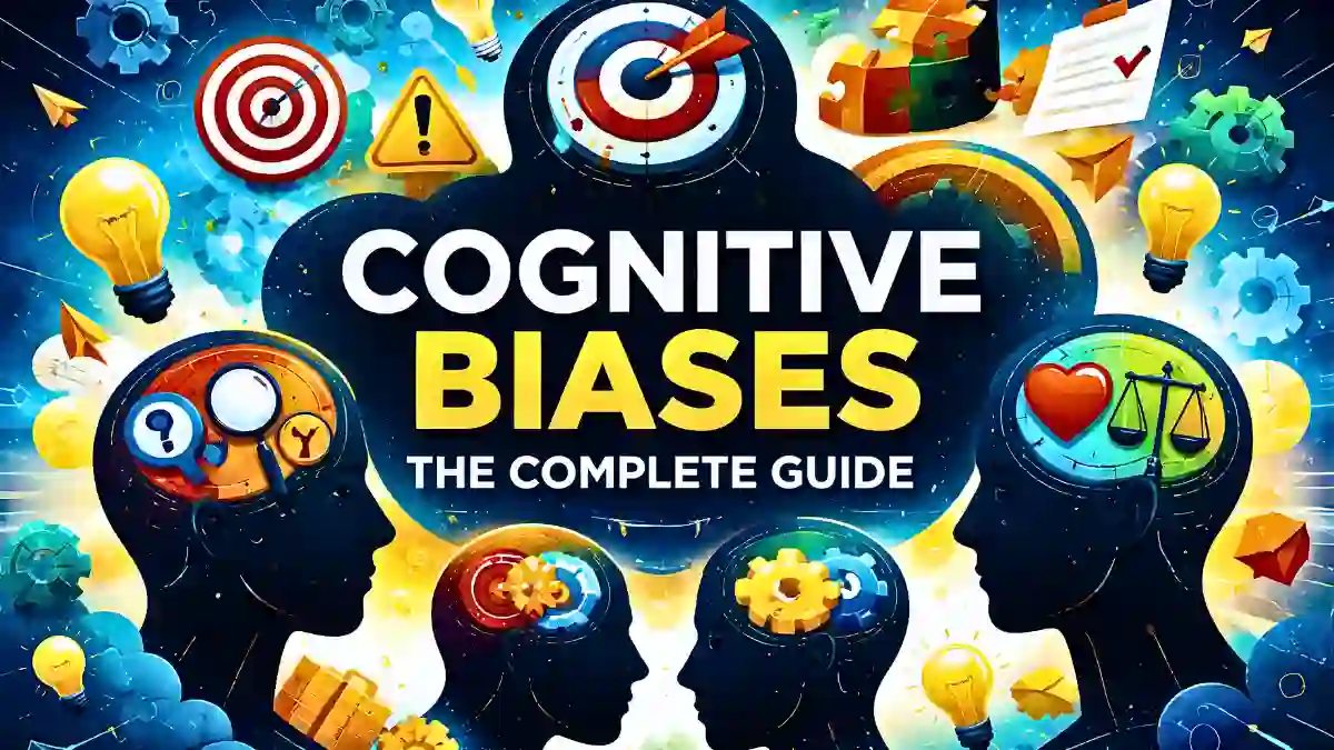 Cognitive biases concept illustration showing human heads with symbols representing decision making and thinking errors