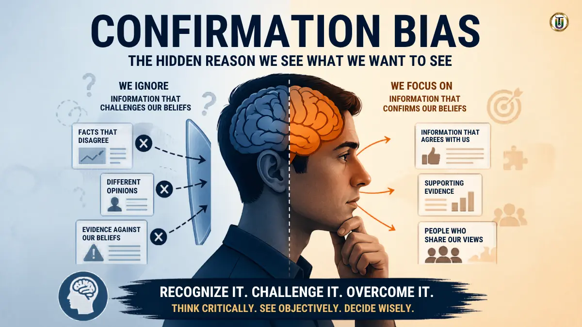 Confirmation bias infographic showing how people ignore opposing information and focus only on beliefs that support their existing views
