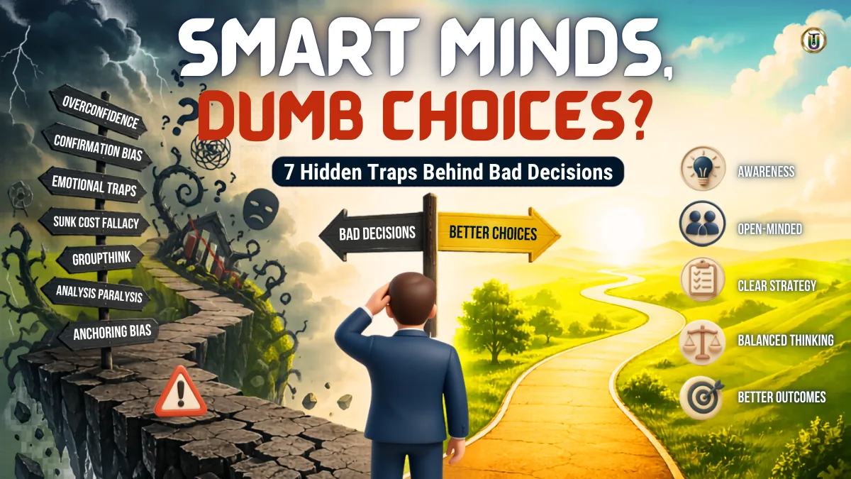 Split illustration of a smart person choosing between a chaotic path of bad decisions and a clear path of better choices, representing psychological biases in decision making. This indicates Why Smart People Make Bad Decisions: 7 Psychological Traps Explained. Universal thrill